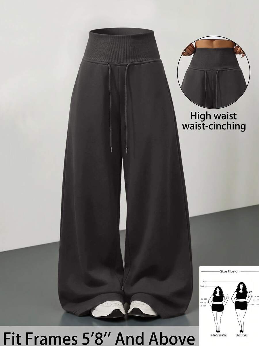 SHEIN Tall CURVE Plus Size Solid Drawstring High Waist Wide Leg Pants Homewear Vacation Gym Black Autumn Casual Soft Fall - Dark Grey - View 1