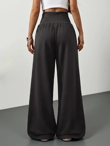 SHEIN Tall CURVE Plus Size Solid Drawstring High Waist Wide Leg Pants Homewear Vacation Gym Black Autumn Casual Soft Fall - Dark Grey - View 2