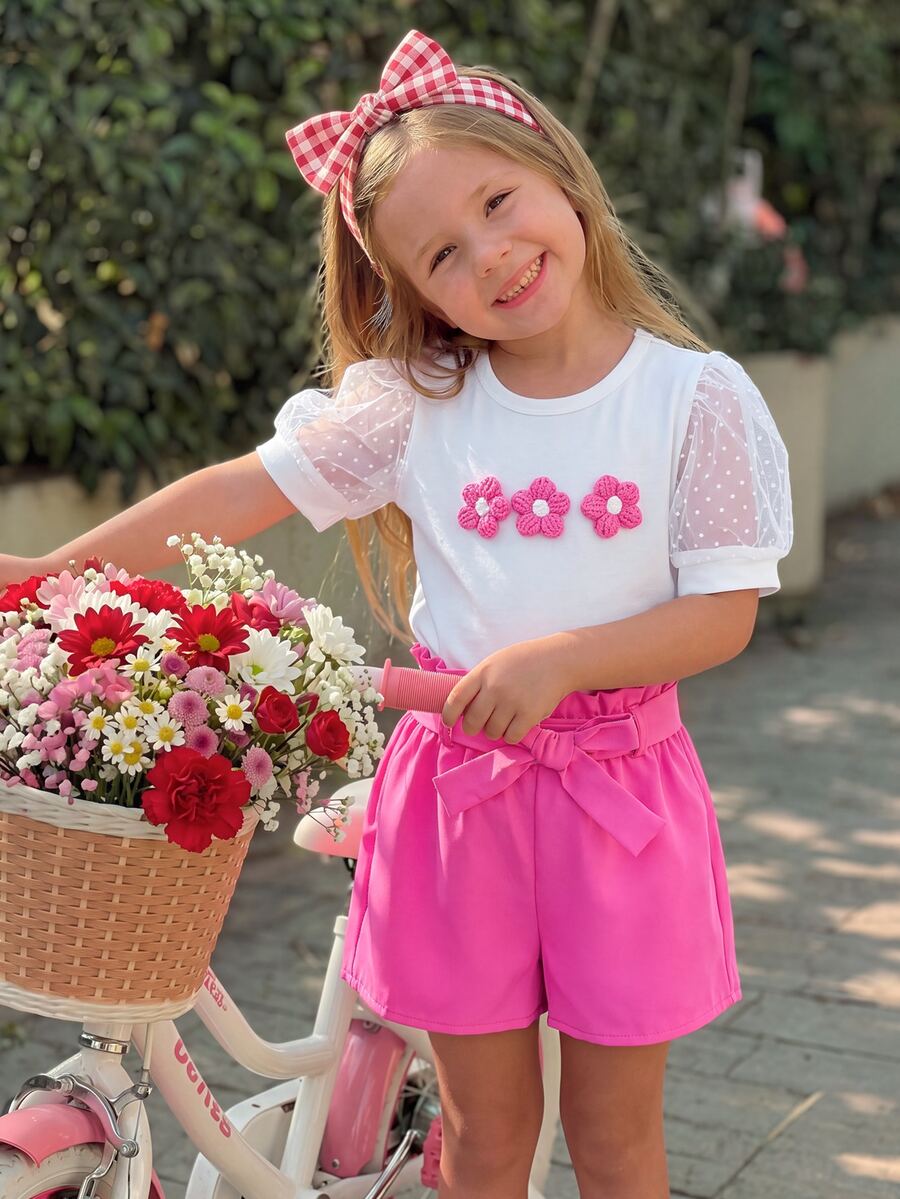 Emery Rose Kids Emery Rose Kids 2pcs/Set Young Girl Solid Knit Round Neck T-Shirt And Solid Woven PU Leather Shorts - Hot Pink - View 1