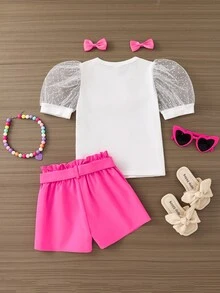 Emery Rose Kids Emery Rose Kids 2pcs/Set Young Girl Solid Knit Round Neck T-Shirt And Solid Woven PU Leather Shorts - Hot Pink - View 4