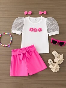 Emery Rose Kids Emery Rose Kids 2pcs/Set Young Girl Solid Knit Round Neck T-Shirt And Solid Woven PU Leather Shorts - Hot Pink - View 3