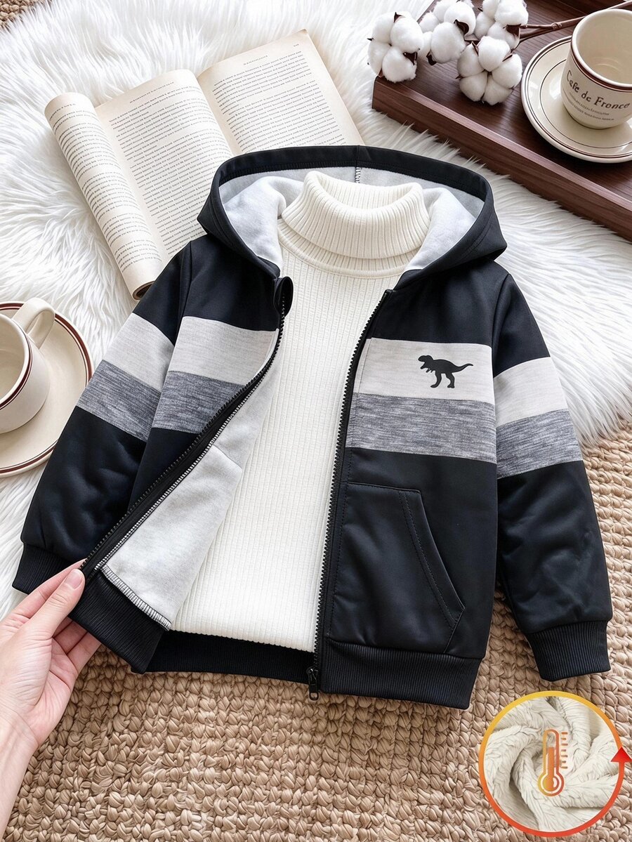 SHEIN 男童時尚休閒恐龍印花連帽拉鍊長袖運動衫外套,保暖內裡,舒適簡約,適合秋冬 - 黑色 - 查看 1