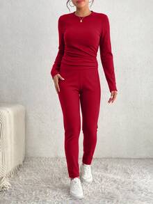 Chiquease Women's Winter Solid Color Thick Thermal Lined 2 Pieces Set - Red - View 5