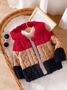 SHEIN 1pc Baby Boys Colorblock Style Red Khaki Black Splice Fleece Hoodie Zip Jacket Soft Cozy Fall Winter - Multicolor - View 7