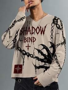 ROMWE MEN Men's Dark Gothic Chain & Claw Print V-Neck Long Sleeve T-Shirt - Khaki - View 7