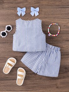 Emery Rose Kids Emery Rose Kids 2件套纯色梭织无袖上衣和短裤套装，年轻女孩 - 綠色 - 查看 4