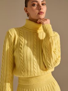 CLARA VERO Cable Knit Turtleneck Maxi Set, Regular Fit, Work Or Dinner, Fitted Waist, Flounced Hem, Ribbed - Pale Yellow - View 6