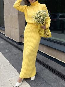 CLARA VERO Cable Knit Turtleneck Maxi Set, Regular Fit, Work Or Dinner, Fitted Waist, Flounced Hem, Ribbed - Pale Yellow - View 1