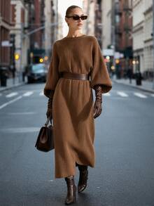 CLARA VERO Shades Of Brown Crew Neck Oversized Elegant Knit Midi Dress, Relaxed Fit, Cozy Daily Or Fall Street, Ribbed Texture Everyday Night Out - Brown - View 1