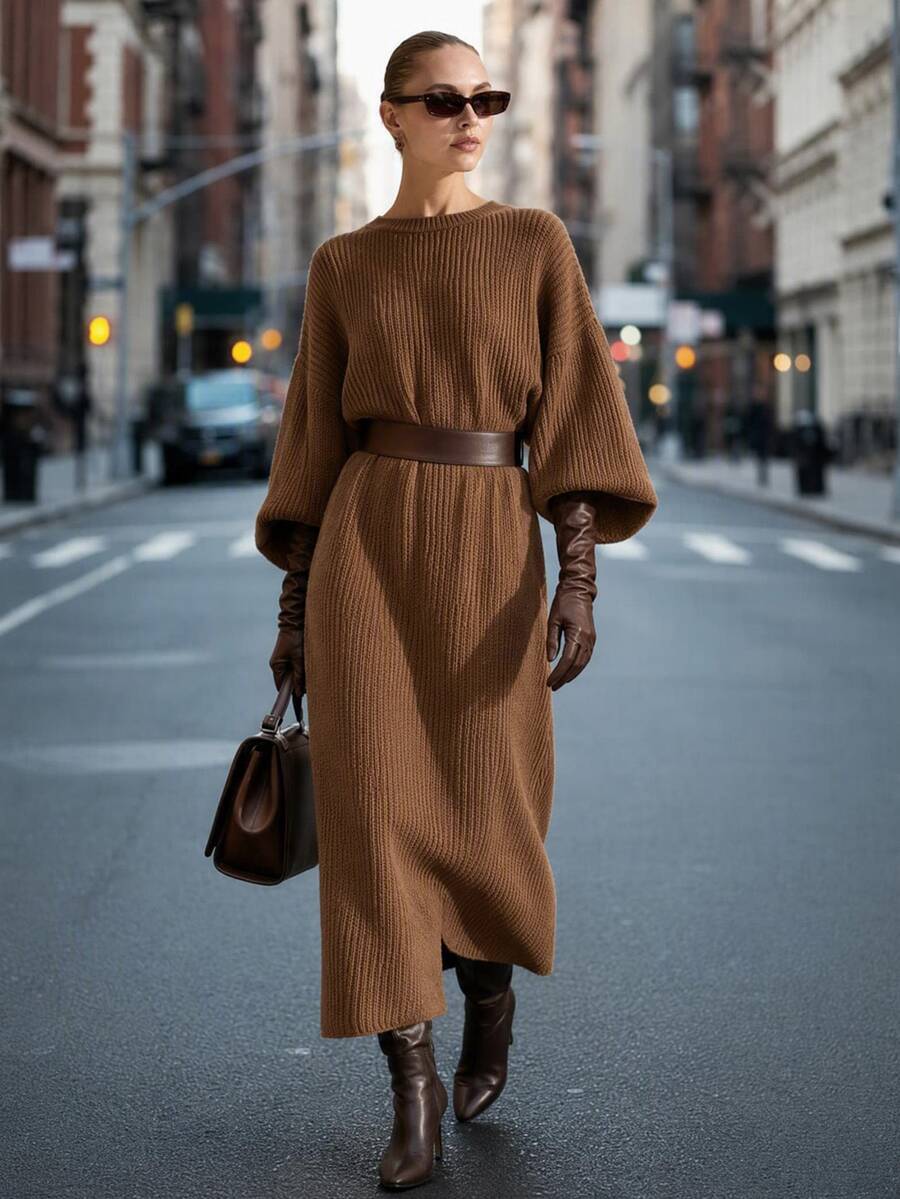 CLARA VERO Shades Of Brown Crew Neck Oversized Elegant Knit Midi Dress, Relaxed Fit, Cozy Daily Or Fall Street, Ribbed Texture Everyday Night Out - Brown - View 1