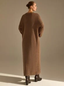 CLARA VERO Shades Of Brown Crew Neck Oversized Elegant Knit Midi Dress, Relaxed Fit, Cozy Daily Or Fall Street, Ribbed Texture Everyday Night Out - Brown - View 2