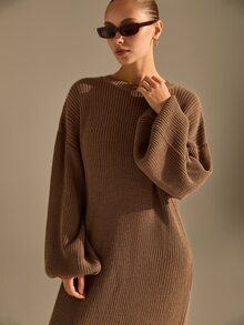 CLARA VERO Shades Of Brown Crew Neck Oversized Elegant Knit Midi Dress, Relaxed Fit, Cozy Daily Or Fall Street, Ribbed Texture Everyday Night Out - Brown - View 5