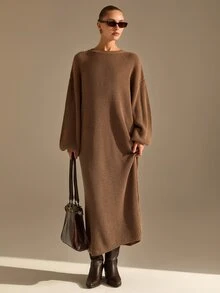 CLARA VERO Shades Of Brown Crew Neck Oversized Elegant Knit Midi Dress, Relaxed Fit, Cozy Daily Or Fall Street, Ribbed Texture Everyday Night Out - Brown - View 7