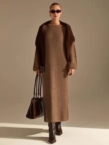 CLARA VERO Shades Of Brown Crew Neck Oversized Elegant Knit Midi Dress, Relaxed Fit, Cozy Daily Or Fall Street, Ribbed Texture Everyday Night Out - Brown - View 3