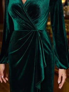 Amorya Women's Solid Color Overlap V-Neck Lantern Sleeve Elegant Midi Dress Christmas Dinner Party Cocktail Winter/Fall Christmas - Dark Green - View 9