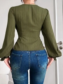 Feyla Women's Solid Color Eyelet Tie Design Long Sleeve Fashion Shirt - Army Green - View 2