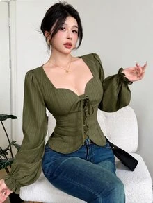 Feyla Women's Solid Color Eyelet Tie Design Long Sleeve Fashion Shirt - Army Green - View 5