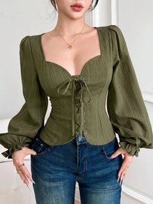 Feyla Women's Solid Color Eyelet Tie Design Long Sleeve Fashion Shirt - Army Green - View 4