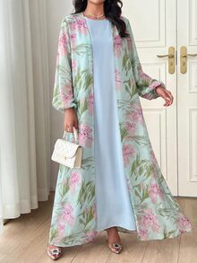 Al Najma 2pcs Women's Spring Autumn Floral Print Lantern Sleeve Cardigan And Solid Color Round Neck Dress Elegant Set 2 Pieces Set - Multicolor - View 6