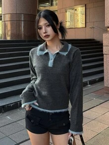 FRIFUL Women's Colorblock Casual Versatile Daily Wear Long Sleeve Sweater - Grey - View 3