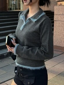 FRIFUL Women's Colorblock Casual Versatile Daily Wear Long Sleeve Sweater - Grey - View 5