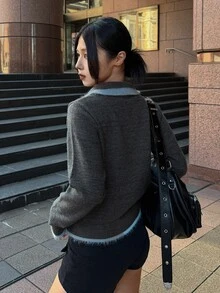FRIFUL Women's Colorblock Casual Versatile Daily Wear Long Sleeve Sweater - Grey - View 4