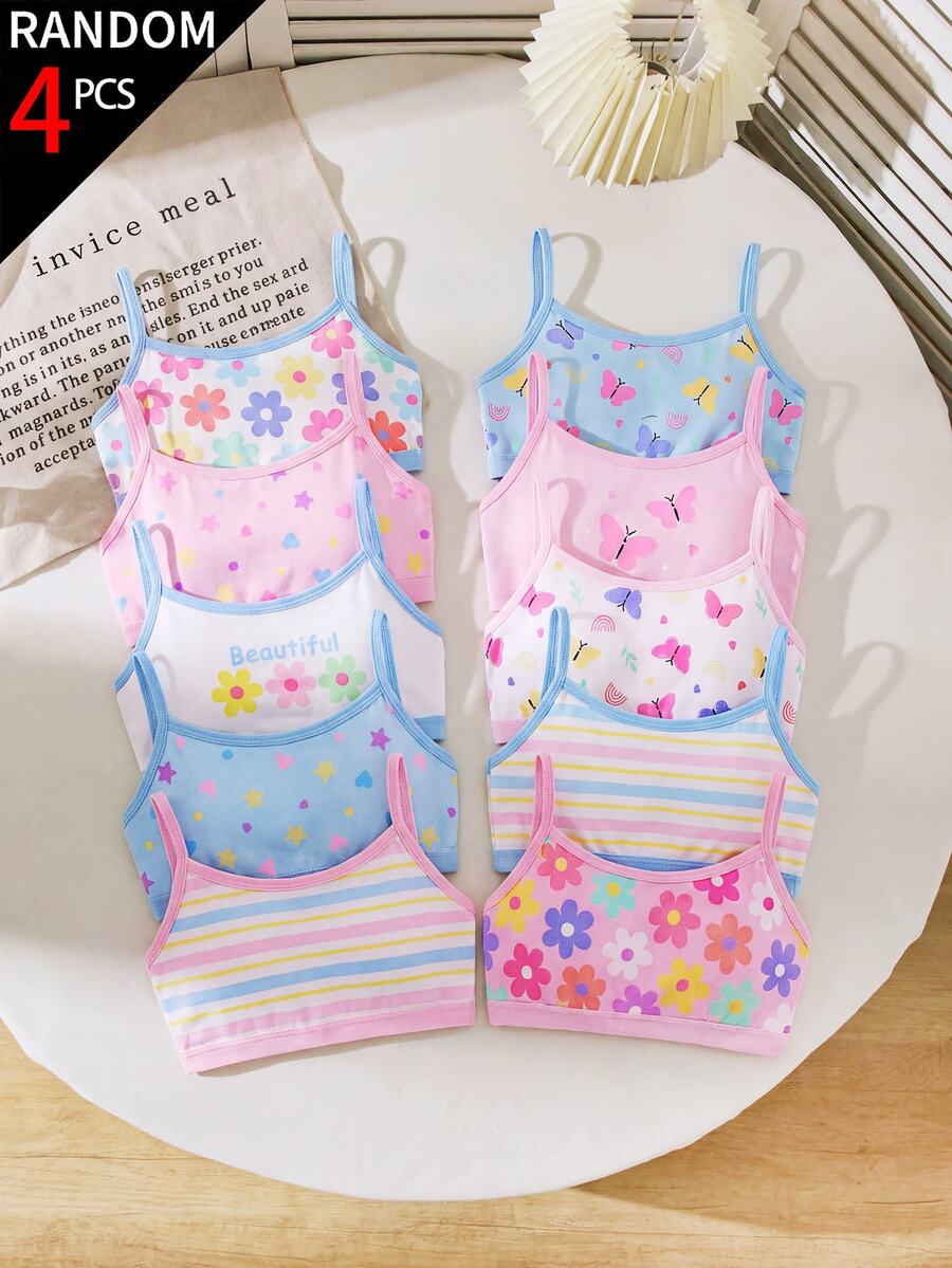 4件組女童幼兒內褲,卡通花卉印花配蝴蝶結、草莓、愛心,嬰兒粉與白色,針織高彈性套裝,秋季禮物 - 彩色 - 查看 1