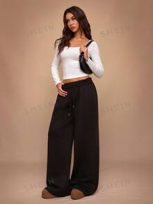SHEIN Tall CURVE 大尺碼女款純色抽繩腰寬腿鬆身長褲休閒街頭風居家生日黑色冬季 - 黑色 - 查看 9