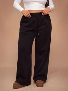 SHEIN Tall CURVE 大尺碼女款純色抽繩腰寬腿鬆身長褲休閒街頭風居家生日黑色冬季 - 黑色 - 查看 6