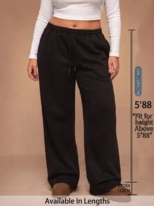 SHEIN Tall CURVE 大尺碼女款純色抽繩腰寬腿鬆身長褲休閒街頭風居家生日黑色冬季 - 黑色 - 查看 3
