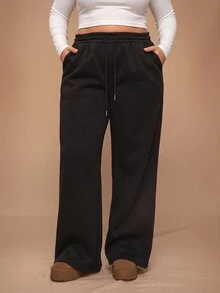 SHEIN Tall CURVE 大尺碼女款純色抽繩腰寬腿鬆身長褲休閒街頭風居家生日黑色冬季 - 黑色 - 查看 7