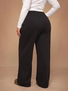 SHEIN Tall CURVE 大尺碼女款純色抽繩腰寬腿鬆身長褲休閒街頭風居家生日黑色冬季 - 黑色 - 查看 2