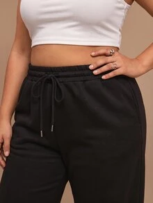 SHEIN Tall CURVE 大尺碼女款純色抽繩腰寬腿鬆身長褲休閒街頭風居家生日黑色冬季 - 黑色 - 查看 4
