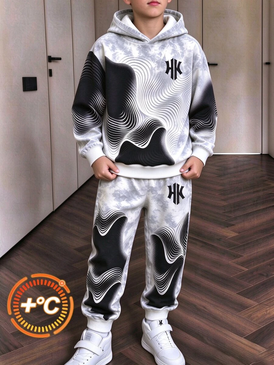 Tween Boys Line Colorblock Print Pattern Contrast Color Fall Hoodie Sweatshirt Set School Black Striped Activewear Christmas Birthday Shooting Gifts. - Multicolor - View 1