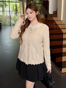 Bijouette Plus Size Women's Lace Trim Casual Daily Knit Top - Apricot - View 1