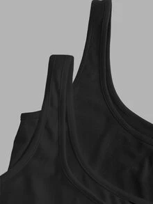 SHEIN CURVE+ 2pcs/Set Plus Size Women Casual Scoop Neck Ruched Waist Fitted Tank Top Set, Versatile For Daily Wear, Summer Tops - Black - View 7