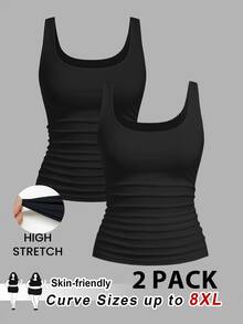 SHEIN CURVE+ 2pcs/Set Plus Size Women Casual Scoop Neck Ruched Waist Fitted Tank Top Set, Versatile For Daily Wear, Summer Tops - Black - View 9