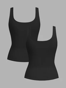 SHEIN CURVE+ 2pcs/Set Plus Size Women Casual Scoop Neck Ruched Waist Fitted Tank Top Set, Versatile For Daily Wear, Summer Tops - Black - View 2