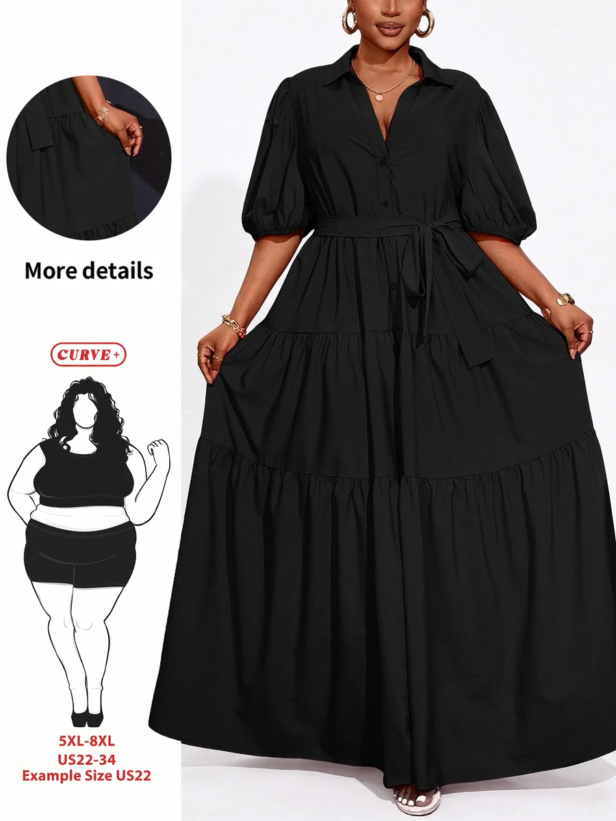 SHEIN CURVE+ Plus Size Women Solid Color Short Sleeve A-Line Ruched Panel Maxi Dress,Curve Plus,Boho Vacation Black Maternity Dress,Bump Friendly,Autumn,Everyday - Black - View 1