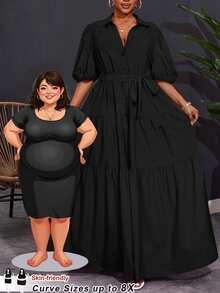 SHEIN CURVE+ Plus Size Women Solid Color Short Sleeve A-Line Ruched Panel Maxi Dress,Curve Plus,Boho Vacation Black Maternity Dress,Bump Friendly,Autumn,Everyday - Black - View 6