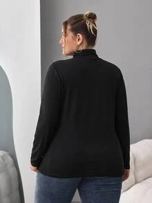 SHEIN CURVE+ ملابس علوية سوداء بياقة عالية ضيقة للنساء بمقاسات كبيرة، بلون موحد بسيط، مناسبة للخريف/الشتاء، ملابس علوية سوداء خريفية - الأسود - مشاهدة 6