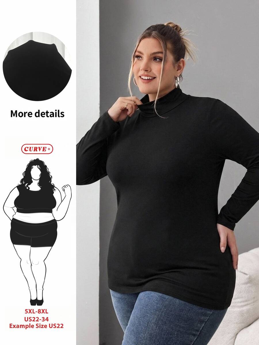 SHEIN CURVE+ ملابس علوية سوداء بياقة عالية ضيقة للنساء بمقاسات كبيرة، بلون موحد بسيط، مناسبة للخريف/الشتاء، ملابس علوية سوداء خريفية - الأسود - مشاهدة 1
