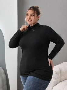 SHEIN CURVE+ ملابس علوية سوداء بياقة عالية ضيقة للنساء بمقاسات كبيرة، بلون موحد بسيط، مناسبة للخريف/الشتاء، ملابس علوية سوداء خريفية - الأسود - مشاهدة 9