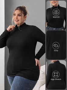 SHEIN CURVE+ ملابس علوية سوداء بياقة عالية ضيقة للنساء بمقاسات كبيرة، بلون موحد بسيط، مناسبة للخريف/الشتاء، ملابس علوية سوداء خريفية - الأسود - مشاهدة 10