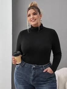 SHEIN CURVE+ ملابس علوية سوداء بياقة عالية ضيقة للنساء بمقاسات كبيرة، بلون موحد بسيط، مناسبة للخريف/الشتاء، ملابس علوية سوداء خريفية - الأسود - مشاهدة 2