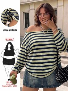 SHEIN CURVE+ Áo thun nữ size lớn 22W, áo thun kẻ sọc dáng rộng cho mùa thu/đông - Nhiều màu - Xem 1
