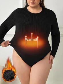 SHEIN CURVE+ Plus Size Women Solid Color Casual Versatile Daily Wear Long Sleeve Bodysuit Winter - Black - View 8