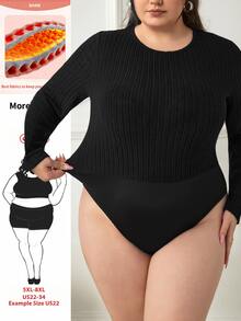 SHEIN CURVE+ Plus Size Women Solid Color Casual Versatile Daily Wear Long Sleeve Bodysuit Winter - Black - View 1