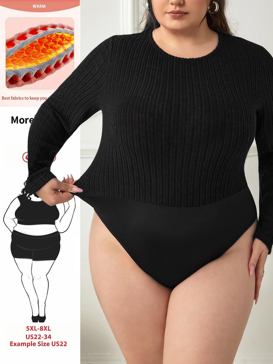 SHEIN CURVE+ Plus Size Women Solid Color Casual Versatile Daily Wear Long Sleeve Bodysuit Winter - Black - View 1