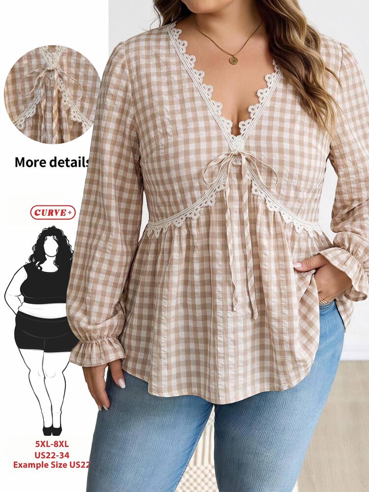 SHEIN CURVE+ 大尺碼優雅A字版老錢風膠囊系列格紋休閒襯衫，蕾絲飾邊，白色，適合秋季派對正式場合 - 彩色 - 查看 8